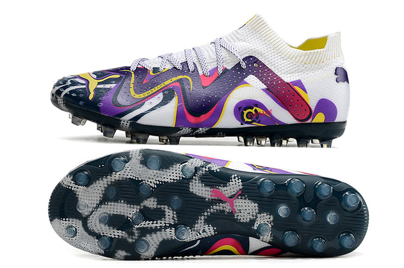 Chaussure de foot Society Puma Future Ultimate MG Blanche et Violette "Creativy Pack"