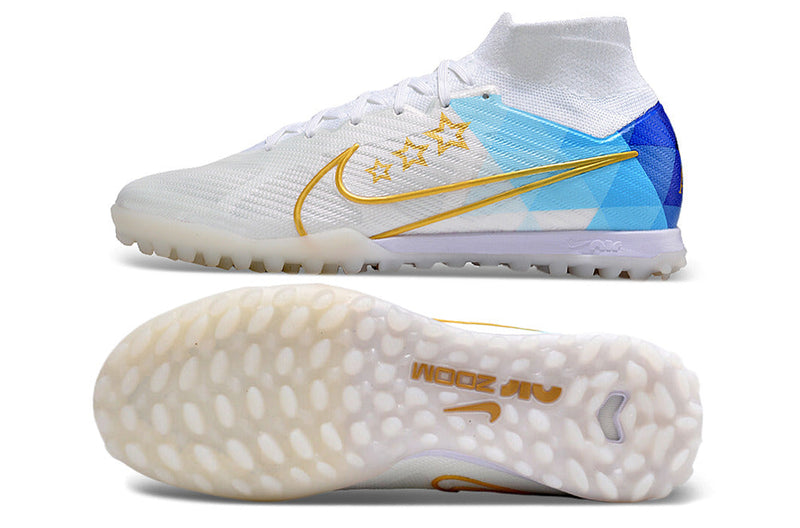 Chaussure de foot Nike Air Zoom Mercurial Superfly 9 Elite TF blanche et bleue "Enzo Fernandez"
