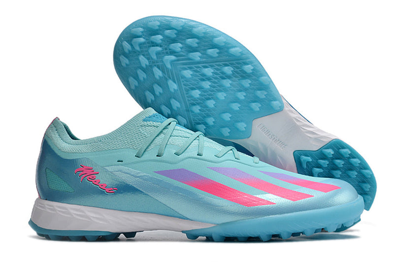 Chaussure de foot Adidas X CrazyFast.1 TF bleu et rose "Miami Vice"