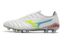 Chaussure de football Mizuno Morelia Neo 3 FG, blanche, bleue et verte.