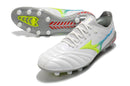 Chaussure de football Mizuno Morelia Neo 3 FG, blanche, bleue et verte.
