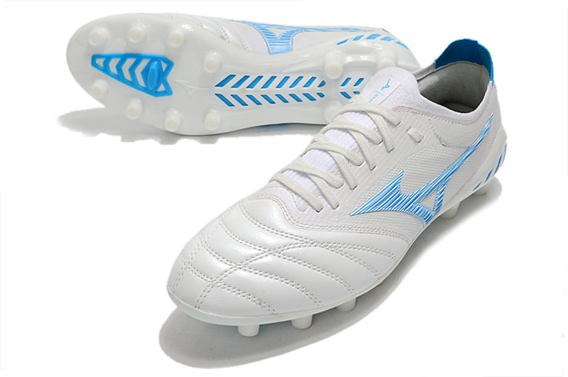 Chuteira Campo Mizuno Morelia Neo 3 FG Branca e Azul