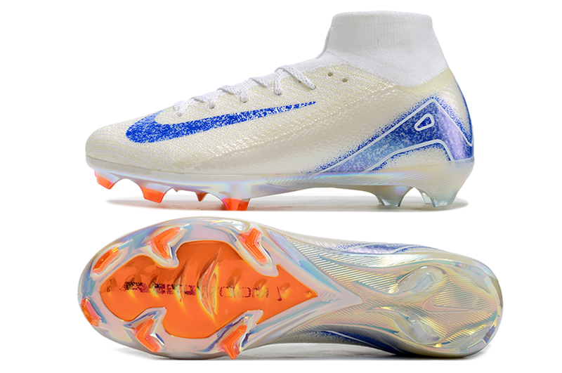 Chuteira Campo Nike Air Zoom Mercurial Superfly 10 Elite FG Branca, Azul e Laranja "Blueprint Pack"