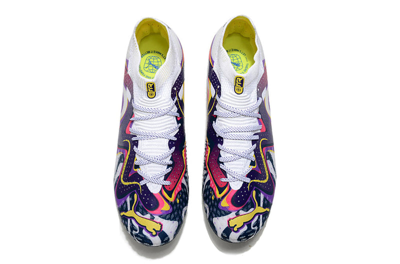 Chaussure de foot Society Puma Future Ultimate MG Blanche et Violette "Creativy Pack"