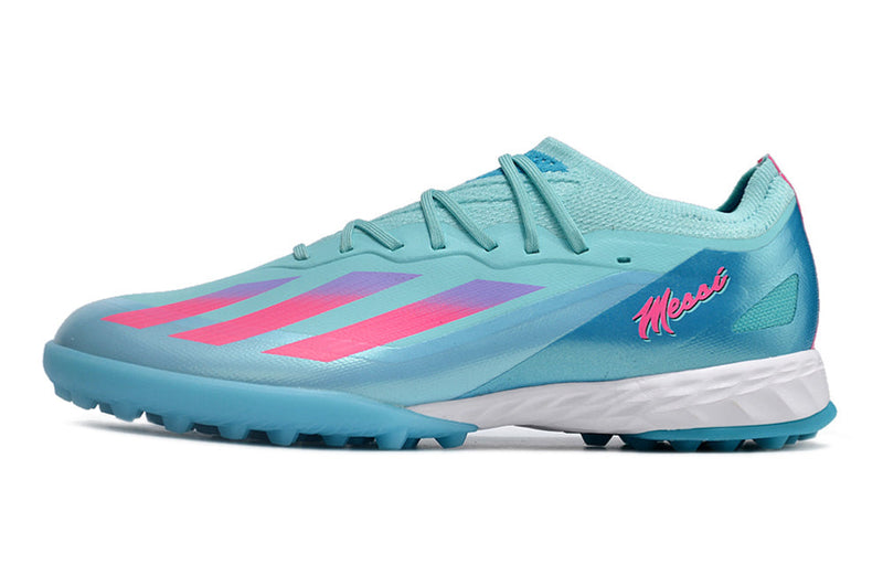 Chaussure de foot Adidas X CrazyFast.1 TF bleu et rose "Miami Vice"