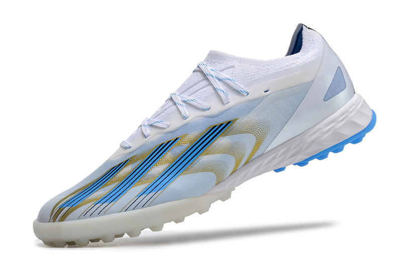 Chaussure de foot Adidas X CrazyFast.1 TF blanche, bleue et dorée "Las Estrellas"
