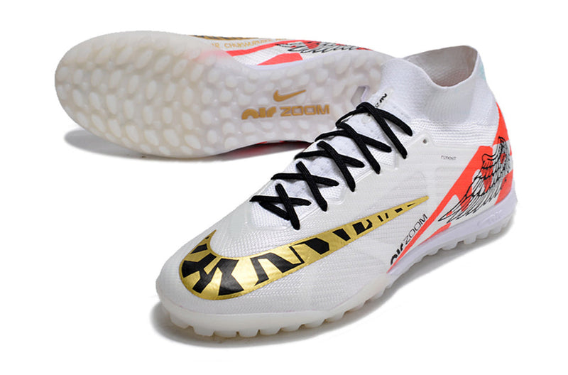 Chaussure de foot Nike Air Zoom Mercurial Superfly 9 Elite TF blanche et dorée