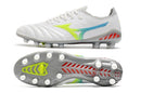 Chaussure de football Mizuno Morelia Neo 3 FG, blanche, bleue et verte.