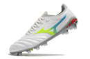 Chaussure de football Mizuno Morelia Neo 3 FG, blanche, bleue et verte.