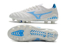 Chaussure de football Mizuno Morelia Neo 3 FG blanche et bleue.