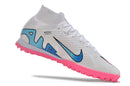 Chaussure de foot Nike Air Zoom Mercurial Superfly 9 Elite TF blanche et rose.