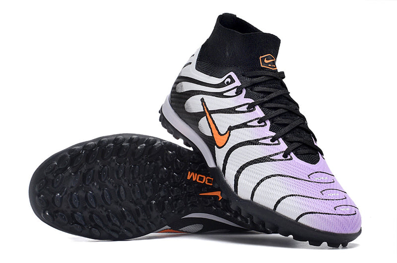 Chaussure de foot Nike Air Zoom Mercurial Superfly 9 Elite TF, blanche, violette et noire.