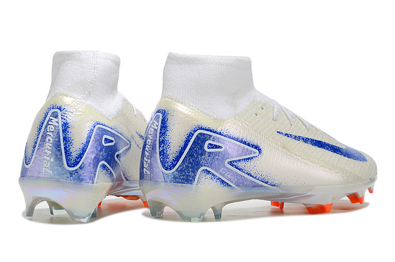 Chuteira Campo Nike Air Zoom Mercurial Superfly 10 Elite FG Branca, Azul e Laranja "Blueprint Pack"
