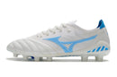 Chaussure de football Mizuno Morelia Neo 3 FG blanche et bleue.