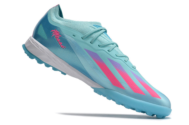 Chaussure de foot Adidas X CrazyFast.1 TF bleu et rose "Miami Vice"