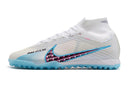 Chaussure de foot Nike Air Zoom Mercurial Superfly 9 Elite TF blanche et bleue "Blast Pack"