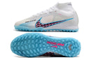 Chaussure de foot Nike Air Zoom Mercurial Superfly 9 Elite TF blanche et bleue "Blast Pack"