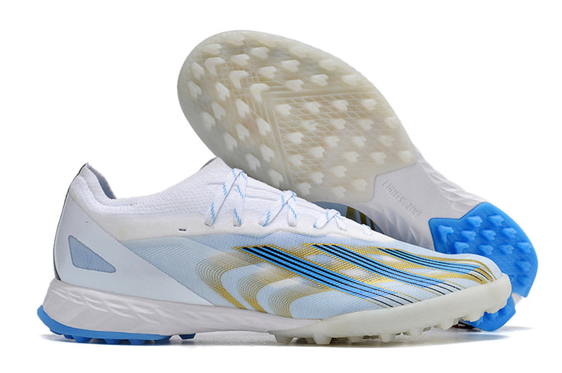 Chaussure de foot Adidas X CrazyFast.1 TF blanche, bleue et dorée "Las Estrellas"