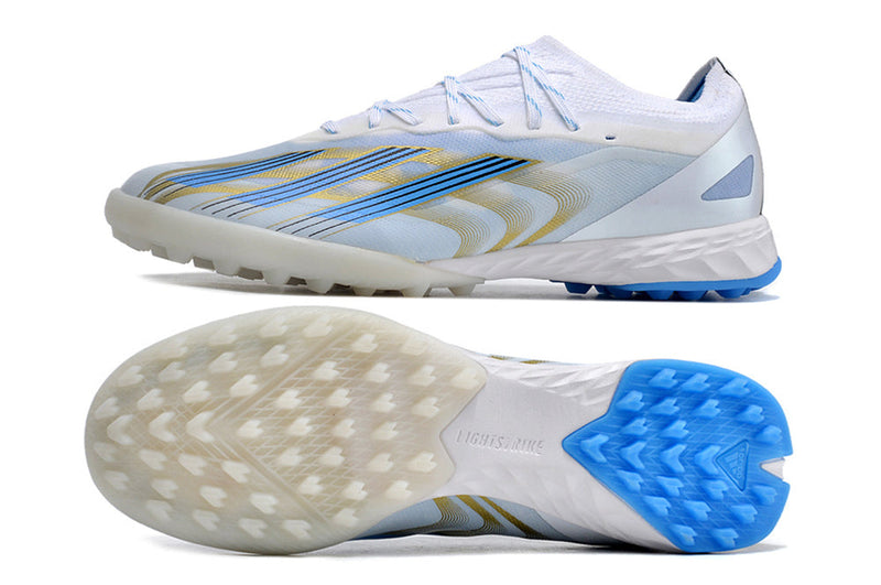 Chaussure de foot Adidas X CrazyFast.1 TF blanche, bleue et dorée "Las Estrellas"