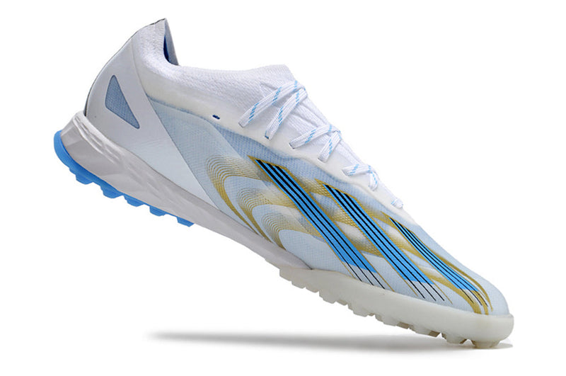 Chaussure de foot Adidas X CrazyFast.1 TF blanche, bleue et dorée "Las Estrellas"